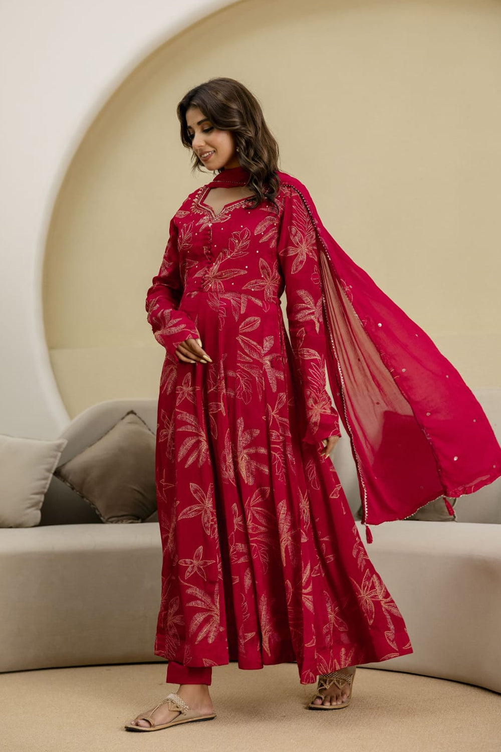 Reddish Pink Chinon Frock Kurti 3 Pieces Set