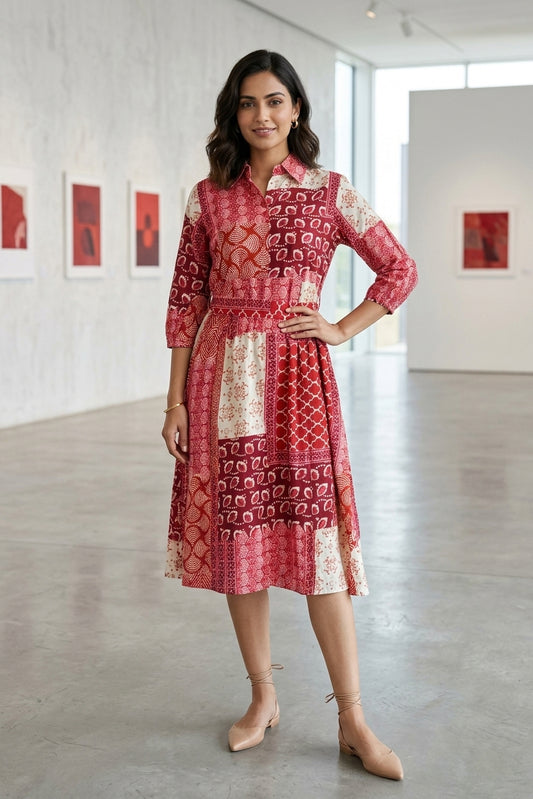 Pink Printed Cotton A-line Kurti