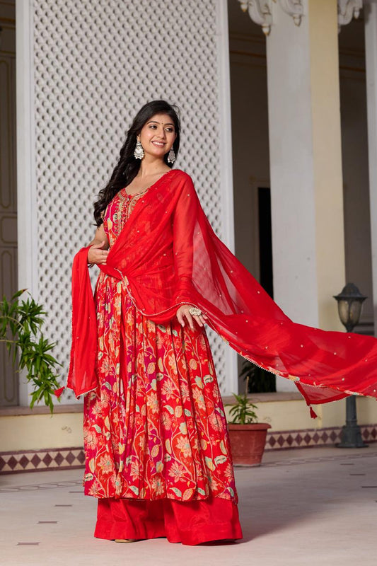 Orange Chinon Kurti Skirt 3 Pieces Set