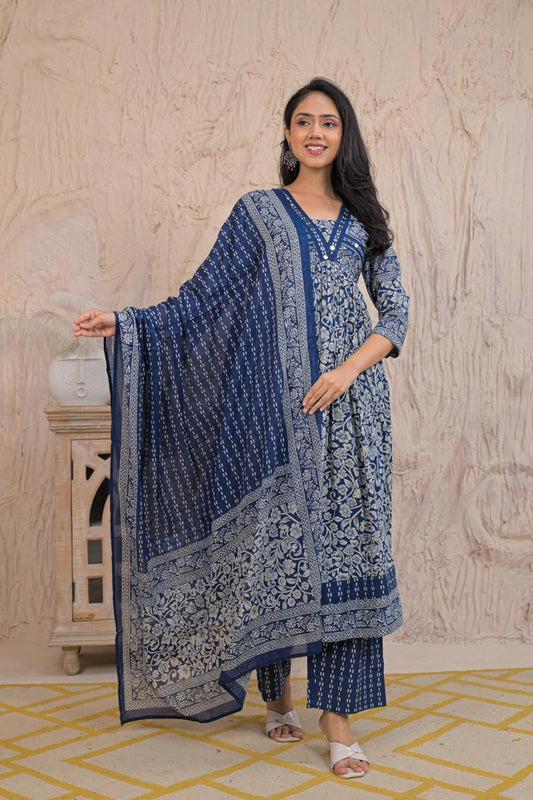 Navy Blue Printed Kurti 3 Pieces Set