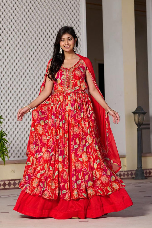 Orange Chinon Kurti Skirt 3 Pieces Set