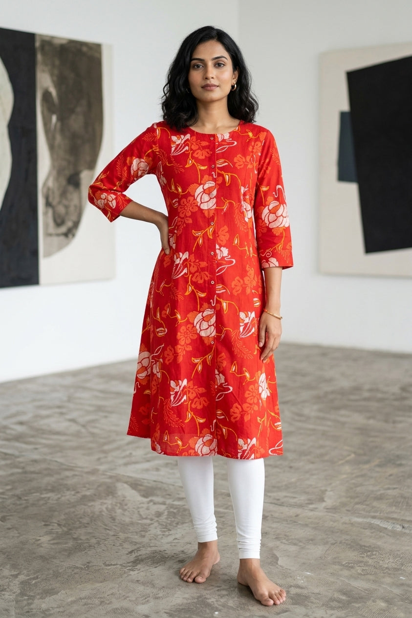 Red Printed Rayon A-line Kurti