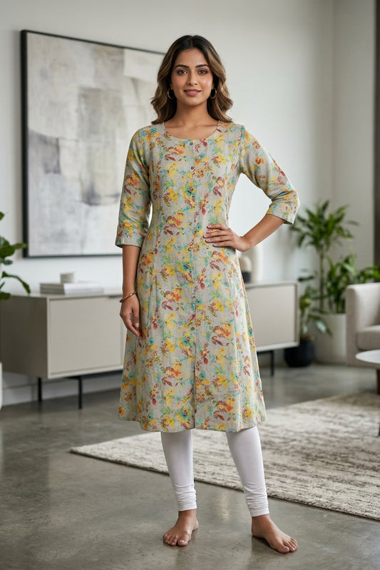 Pista Green Printed Rayon A-Line Kurti