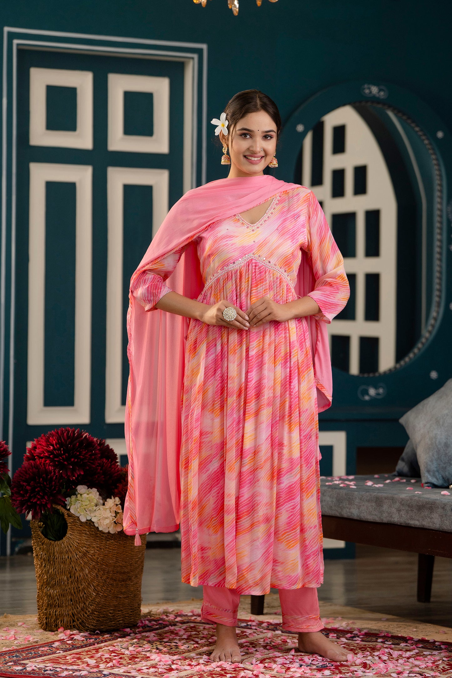 Pink Aliya Cut Kurti Pant Dupatta