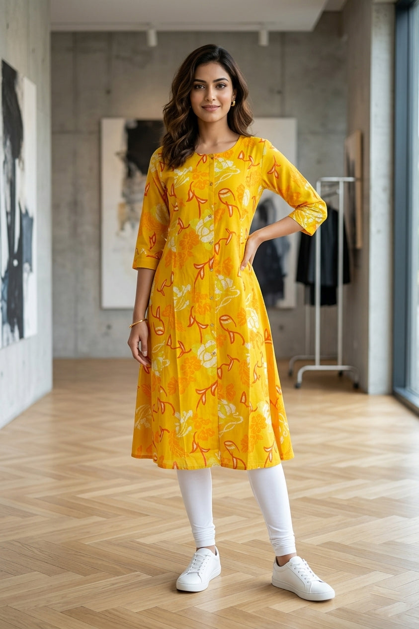 Musterd Pink Printed Rayon A-line Kurti