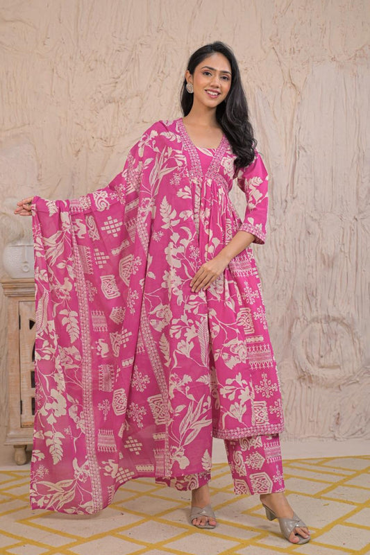 Pink Cotton Kurti 3 Pieces Set