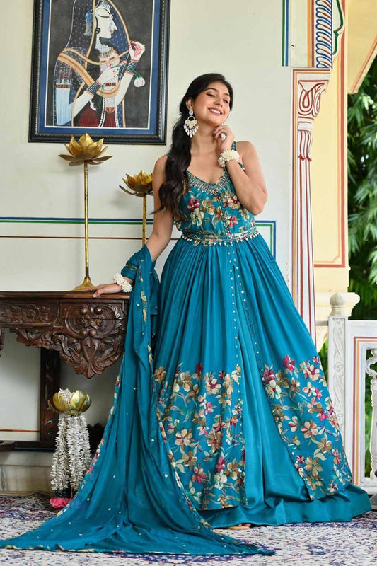 Rama Green Chinon Kurti Skirt 3 Pieces Set