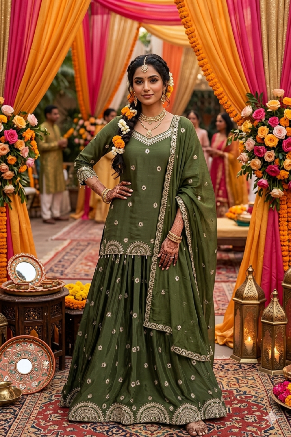 M Green Chinon Short Kurti 3 Pieces Set