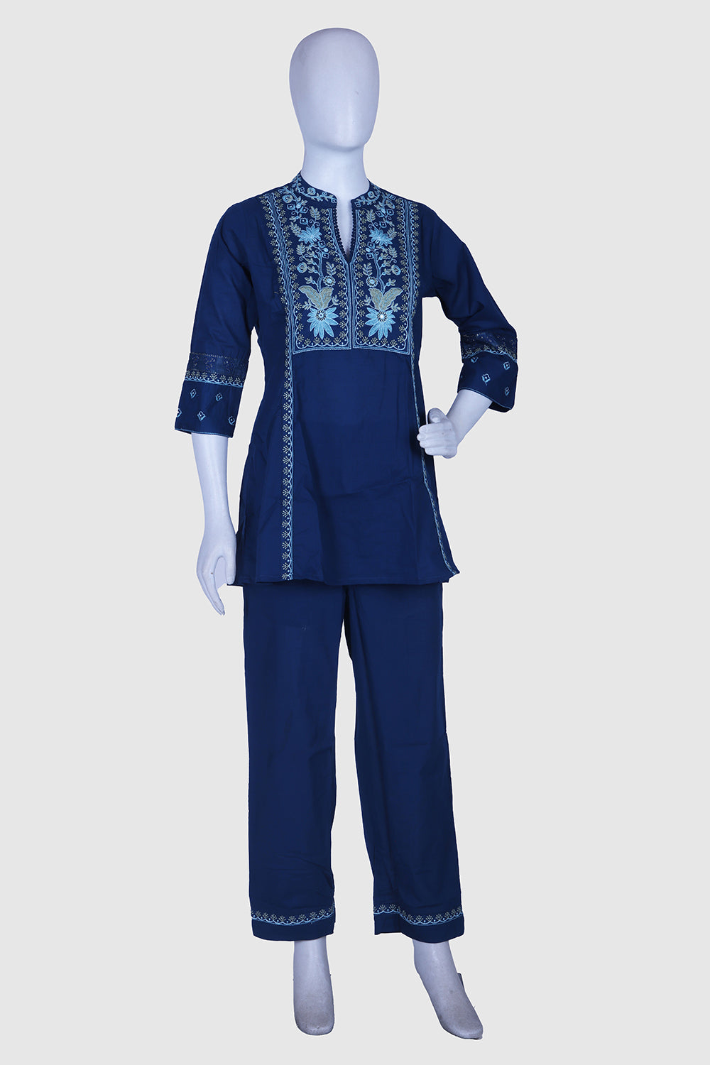 Teal Blue Cotton Kurti Pant 2 Pieces Set
