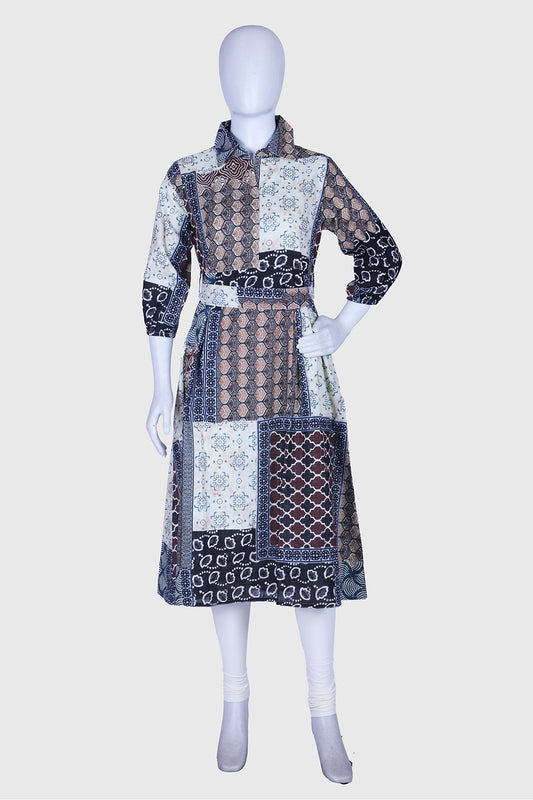 Black Printed Cotton A-line Kurti