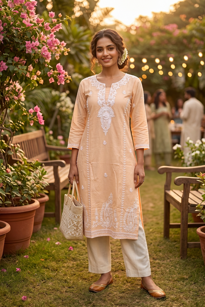 Lemon Yellow Cotton Aari Work Straight Kurti