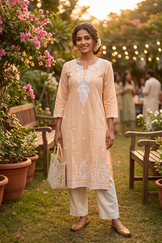 Lemon Yellow Cotton Aari Work Straight Kurti