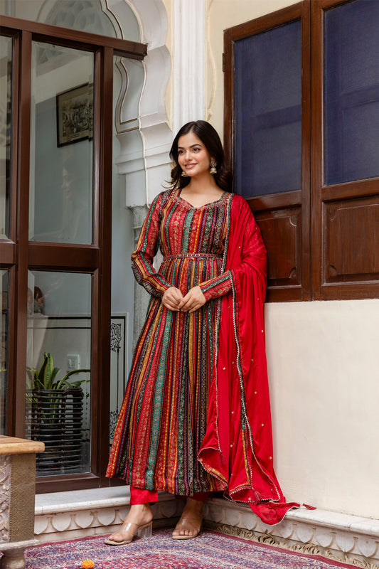 Multicolor Chinon Frock Kurti 3 Pieces Set