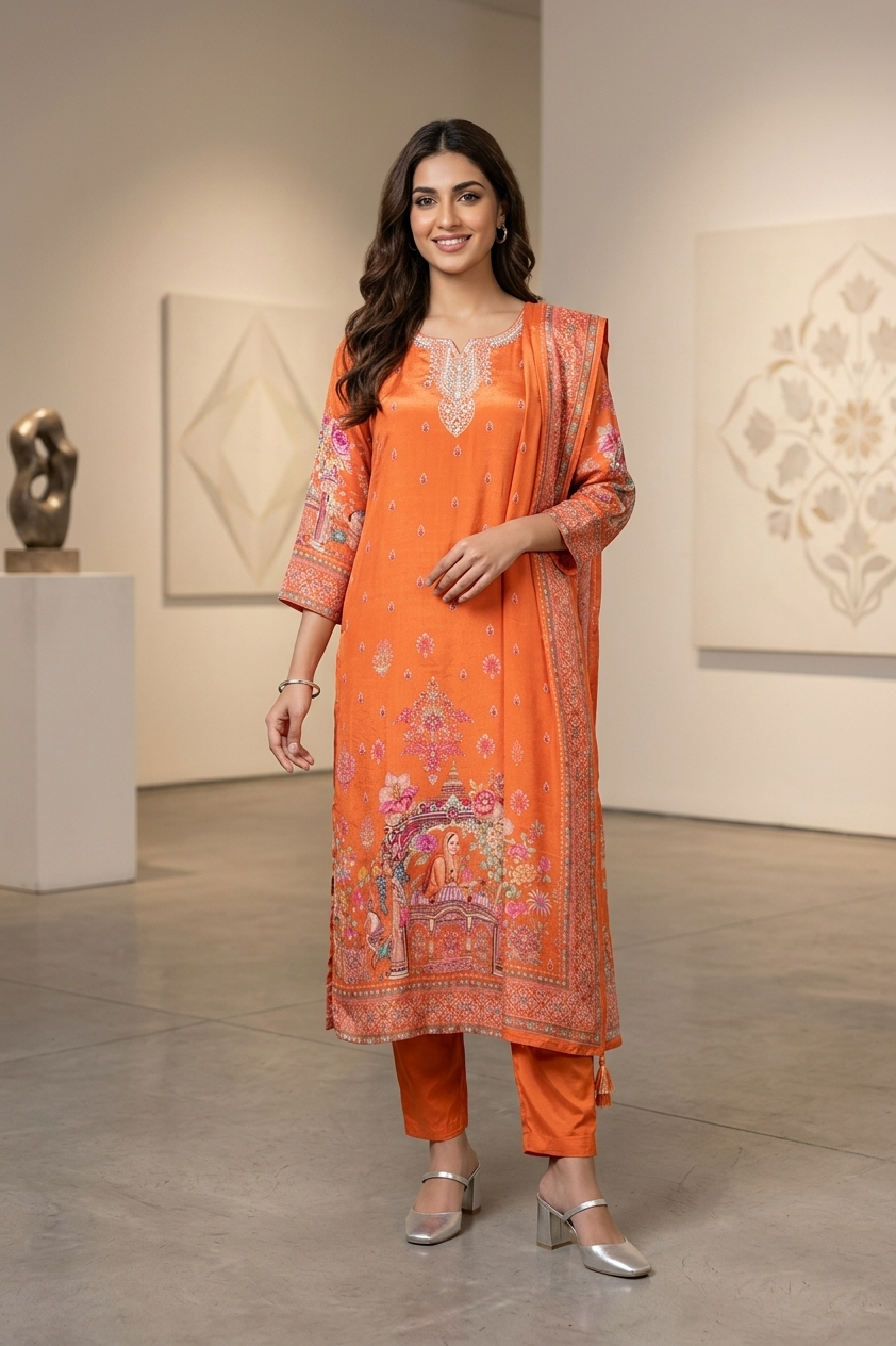 Rust Crepe Kurti Pant 3 Pieces Set