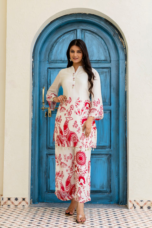 Half White Chinon Kurti Pant Set