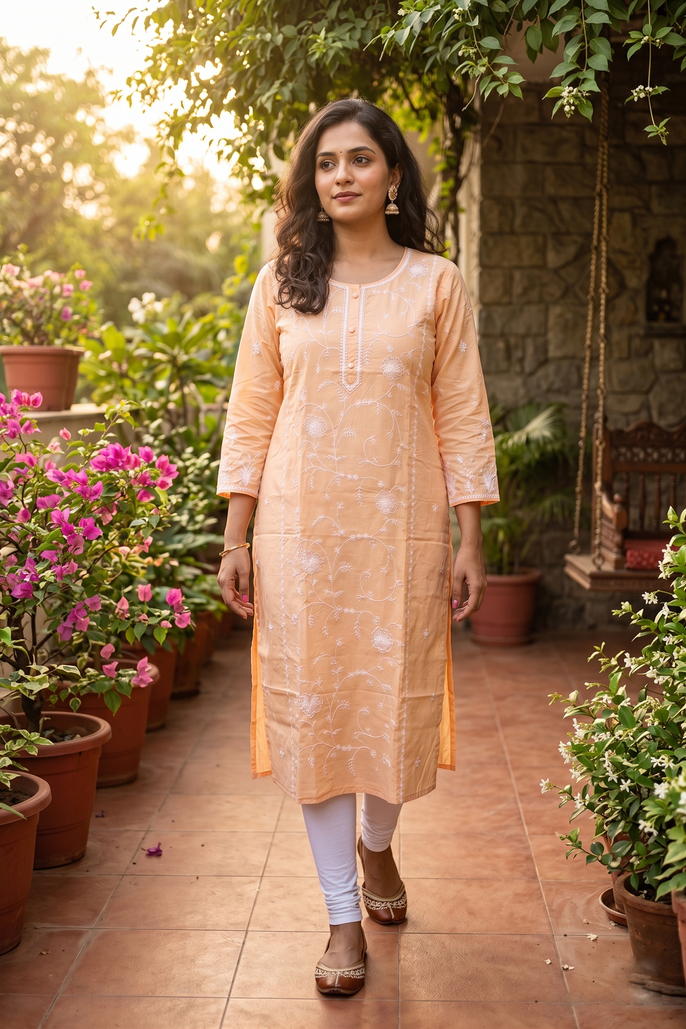 Peach Cotton Aari Work Straight Kurti