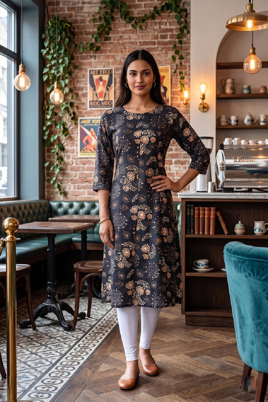 Black Rayon A-Line Printed Kurti