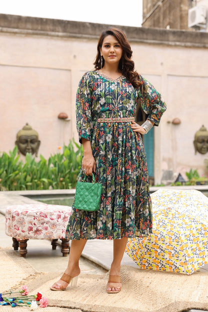 Bottle Green Chinon Printed Frock