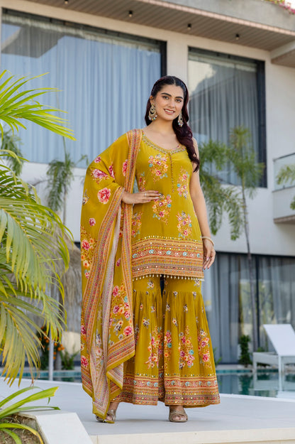 M Green Crepe Sharara Kurti 3 Pieces Set