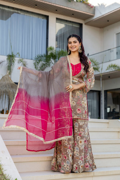 Brown Chinon Garara Kurti 3 Pieces Set