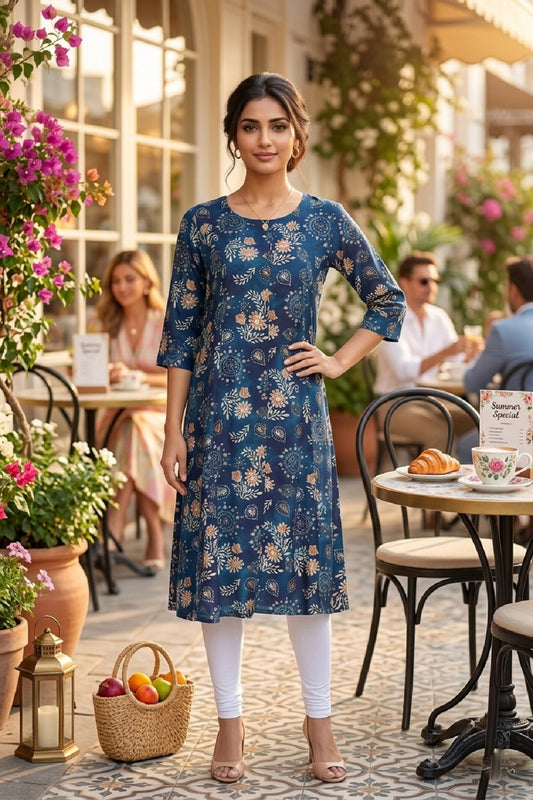 Blue Rayon A-Line Printed Kurti