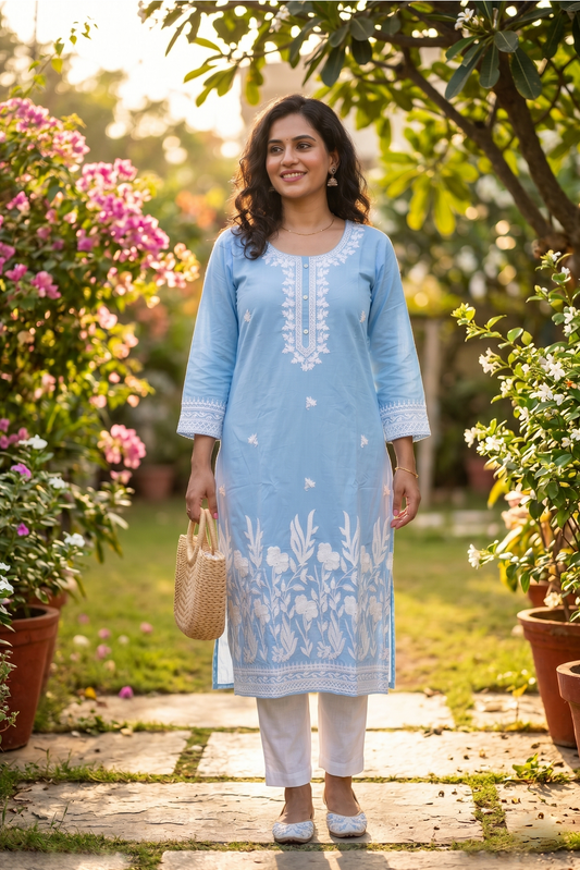 Sky Blue Cotton Aari Work Straight Kurti