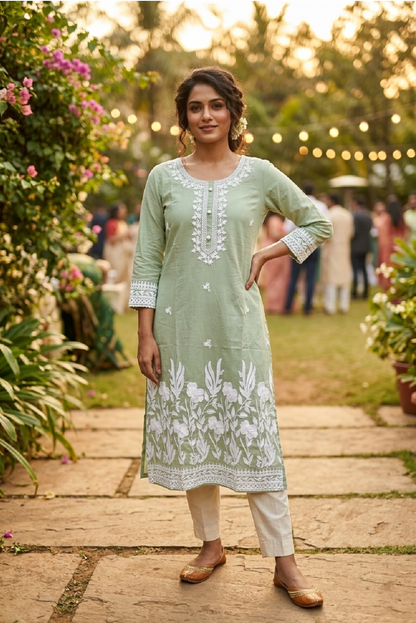 Pista Green Cotton Aari Work Straight Kurti