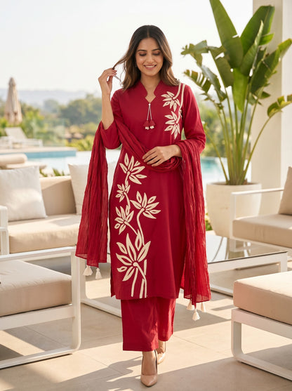 Maroon Cotton Straight Kurti With Plazo and Dupatta 3 Pcs Set
