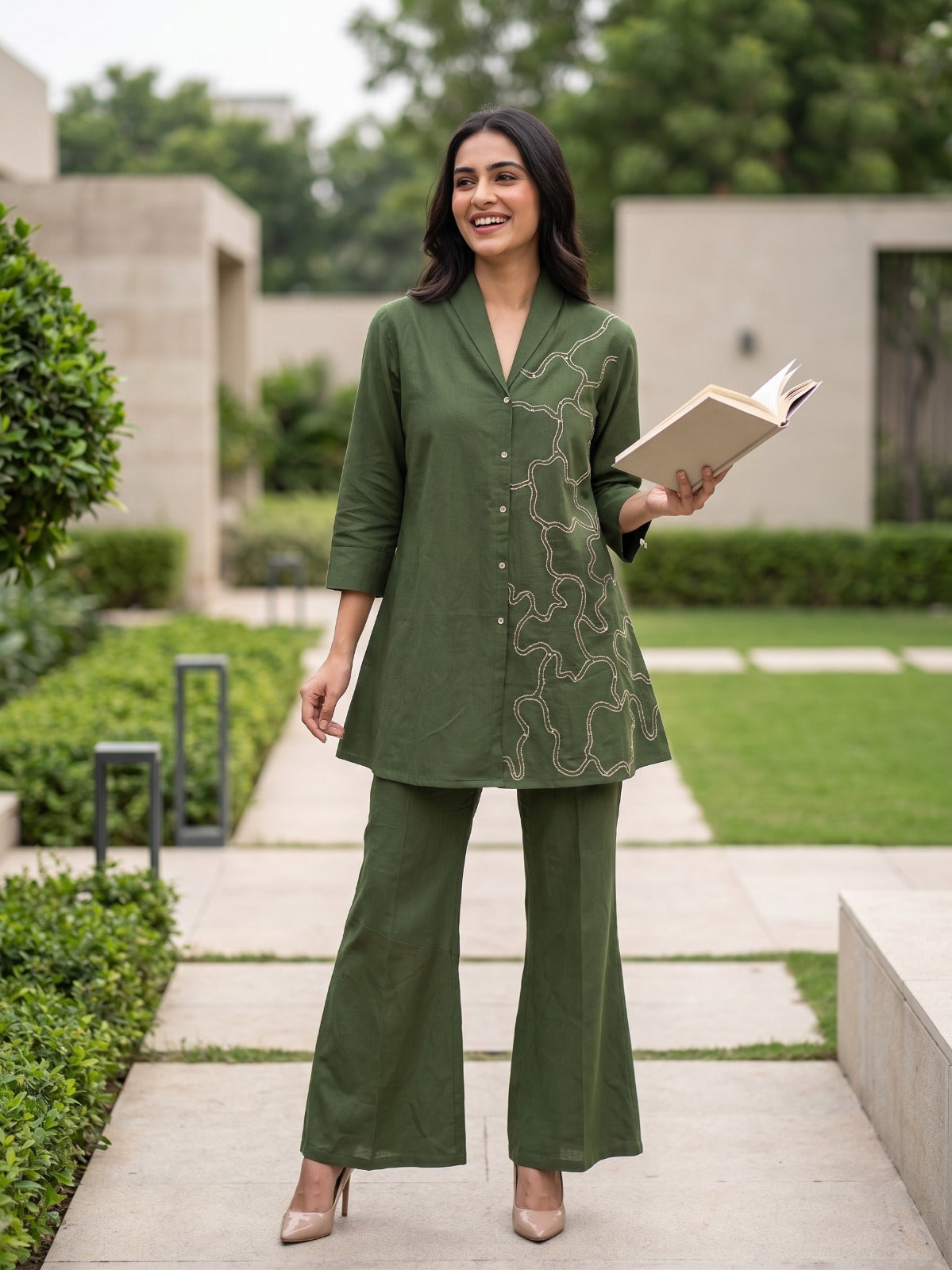 Green Cotton Short Kurti With Plazo 2 Pcs Set