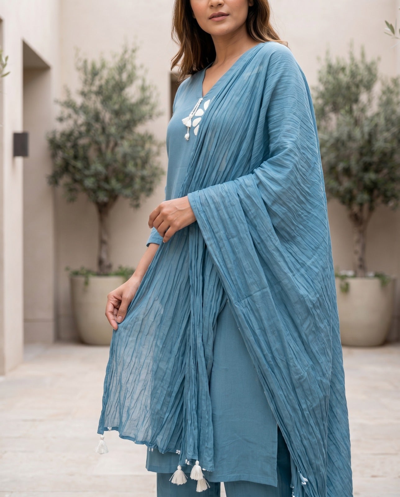 Light Blue Cotton Straight Kurti With Plazo and Dupatta 3 Pcs Set