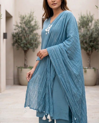 Light Blue Cotton Straight Kurti With Plazo and Dupatta 3 Pcs Set