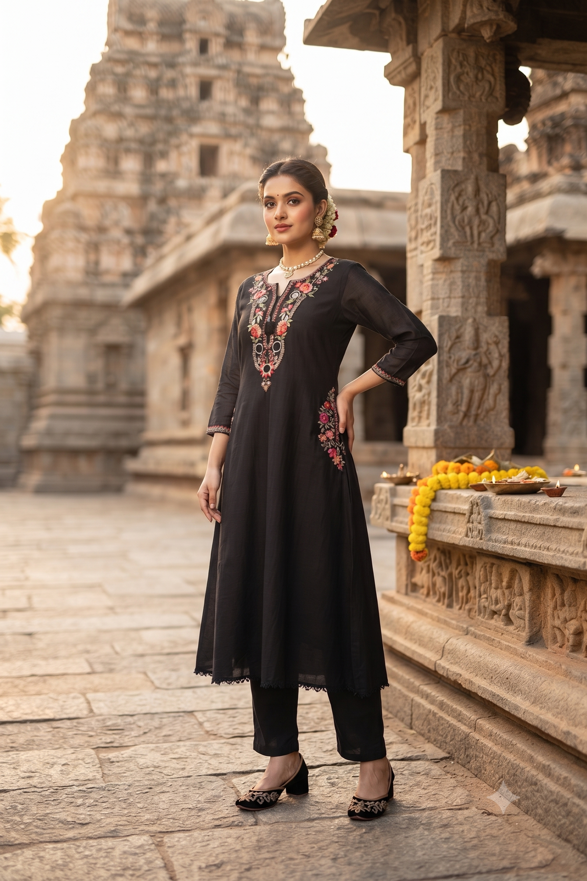 Black Cotton Straight Kurti With Pant and Dupatta 3 Pcs Set