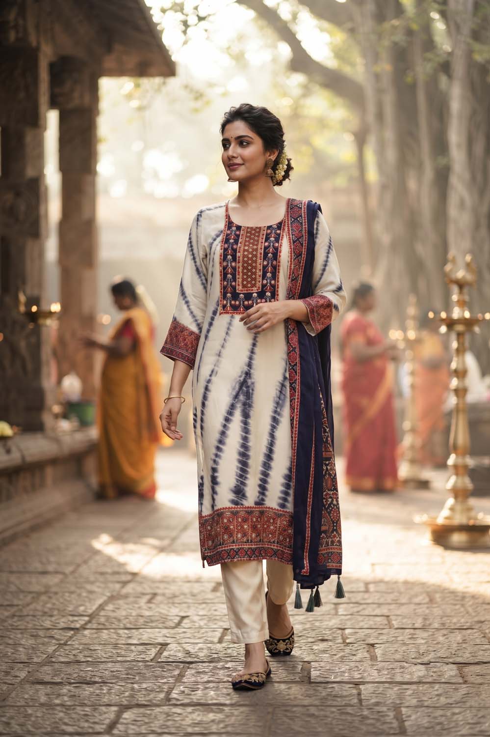 Navy Crepe 3 Pcs Set Kurti Straight Pant Dupatta