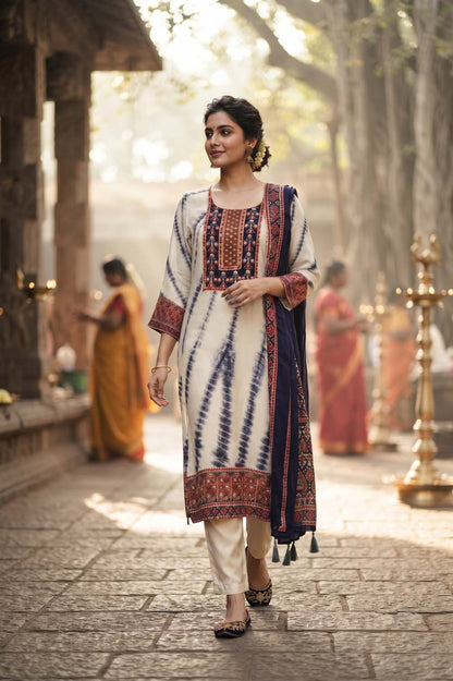 Navy Crepe 3 Pcs Set Kurti Straight Pant Dupatta