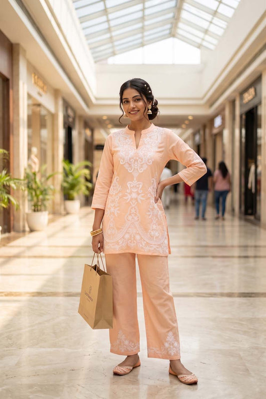 Peach Short Kurti With Straight Plazo 2pcs Set