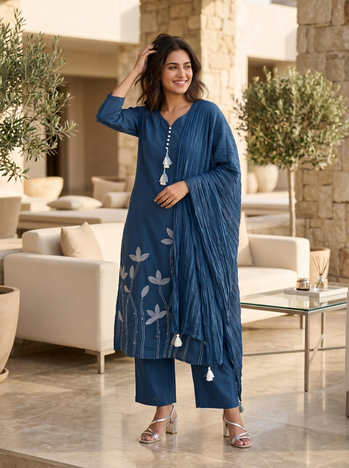 Till Blue Cotton Straight Kurti With Plazo and Dupatta 3 Pcs Set