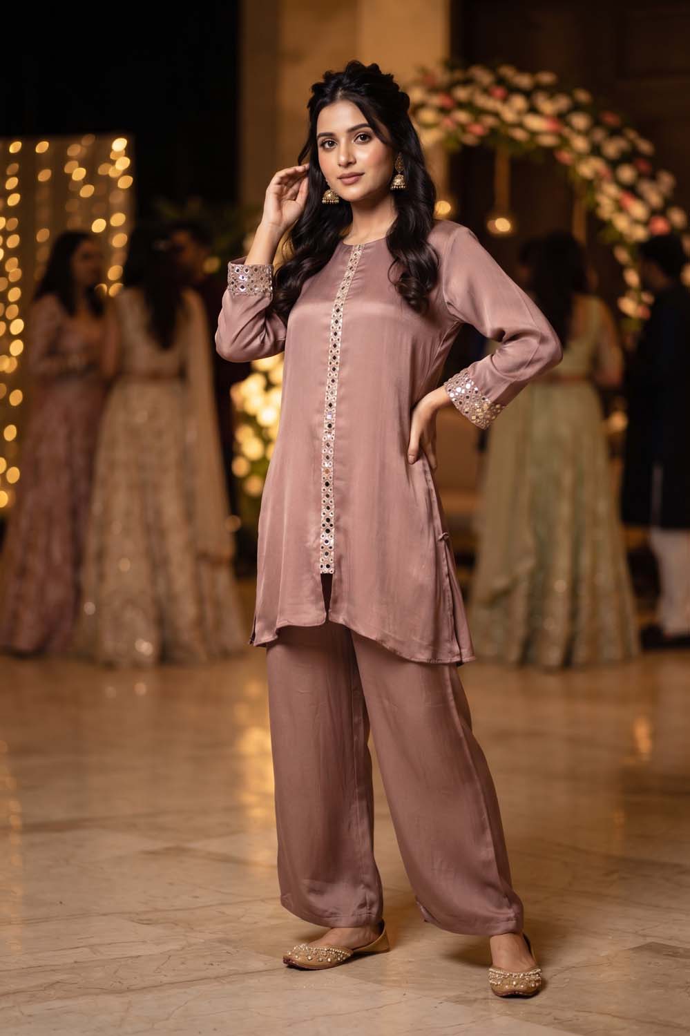 Brown Chinon Straight Cut Kurti With Plazo 2 Pcs Set