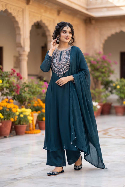 Peacock Blue Chinon Short Kurti With Plazo 3 Pcs Set