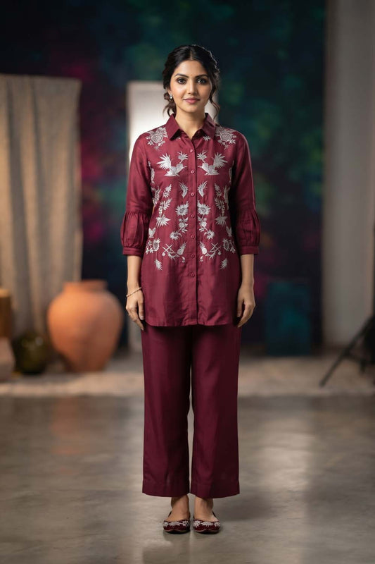 D Maroon Cotton Silk 2 Pcs Cord Set Kurti Pant
