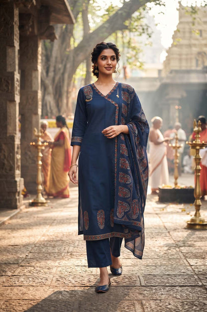 Navy Blue Cotton Angrakha Style Kurti Frock Straight Pant Dupatta