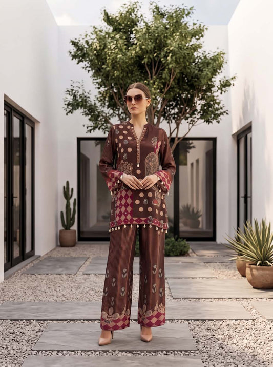 Brown Gajji Silk 2 Pcs Cord Set Kurti Pant