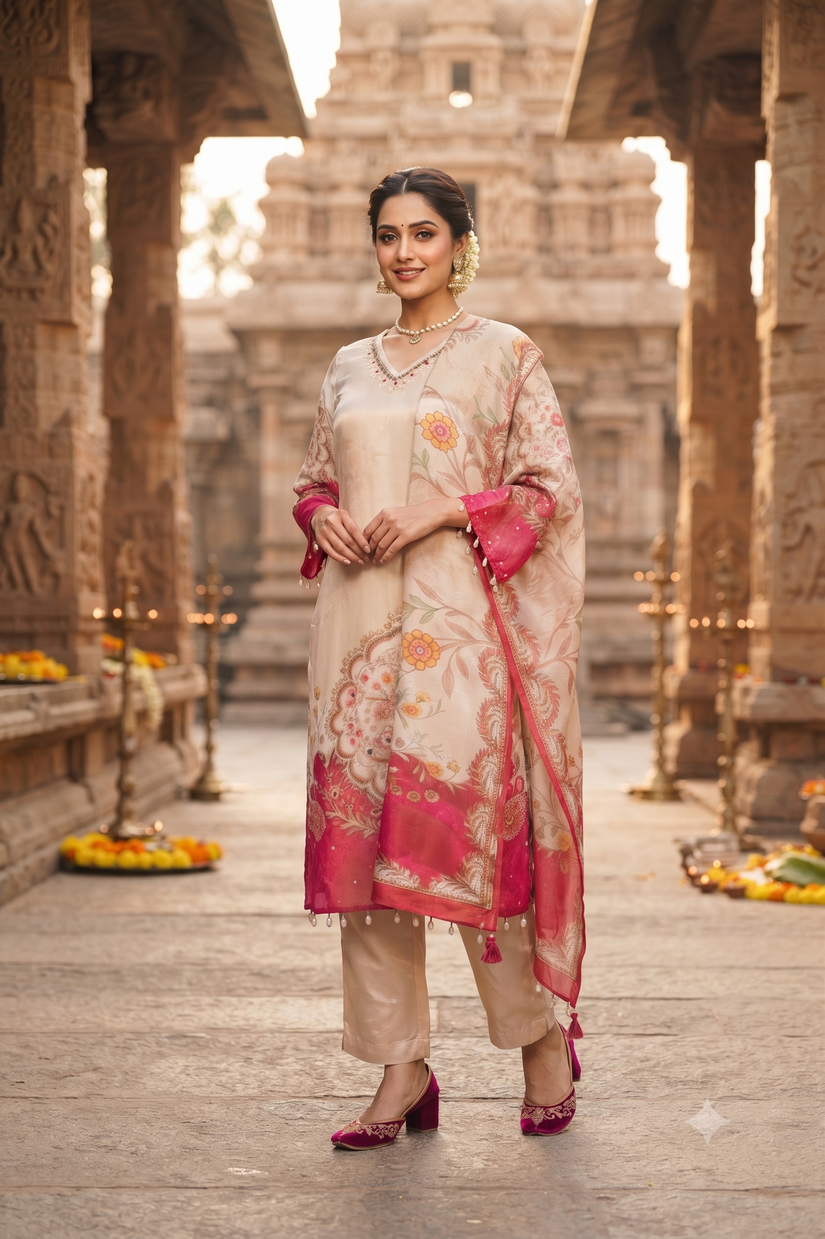 Cream Crepe Straight Kurti With Plazo and Dupatta 3 Pcs Set