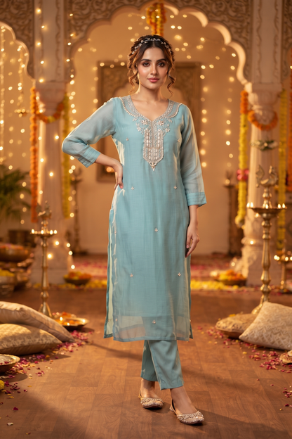 Sky Silk Straight Kurti With Pant and Dupatta 3 Pcs Set