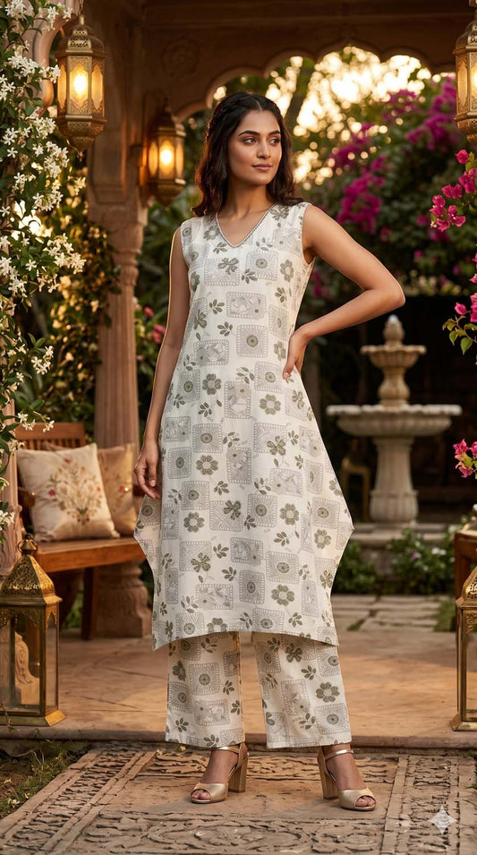 Metal Green Straight Kurti With Straight Plazo 2pcs Set