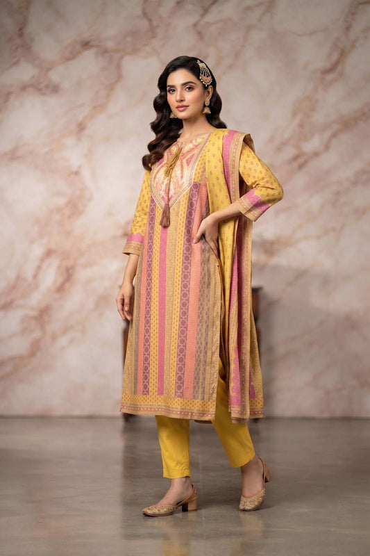 Mustard Straight Cut Kurti With Pant With Dupatta 3 Pcs Set