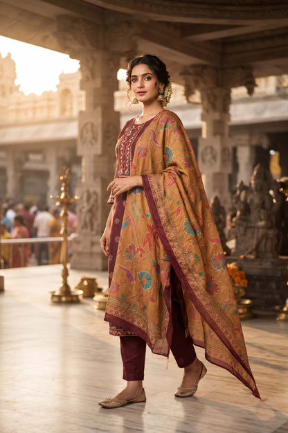 Maroon Silk 3 Pcs Set Kurti Pant Dupatta