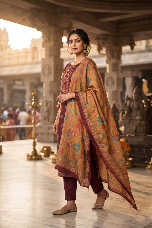 Maroon Silk 3 Pcs Set Kurti Pant Dupatta