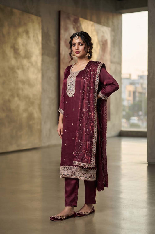 Megenta Straight Cut Kurti With Pant With Dupatta 3 Pcs Set