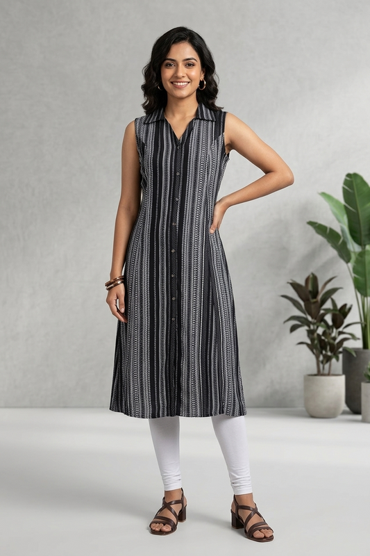 Black Rayon Printed Aline Kurti