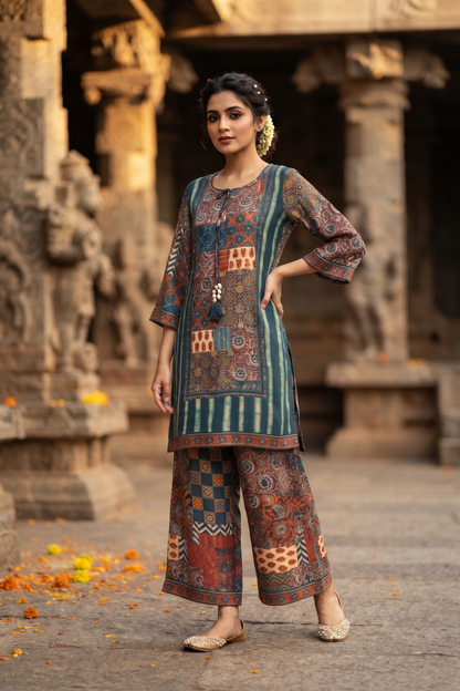 Green Rayon Straight Kurti With Plazo 2 Pcs Set